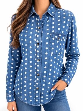 BDG Womens Polka Dot Chambray Shirt Button Down Blue Size M Casual